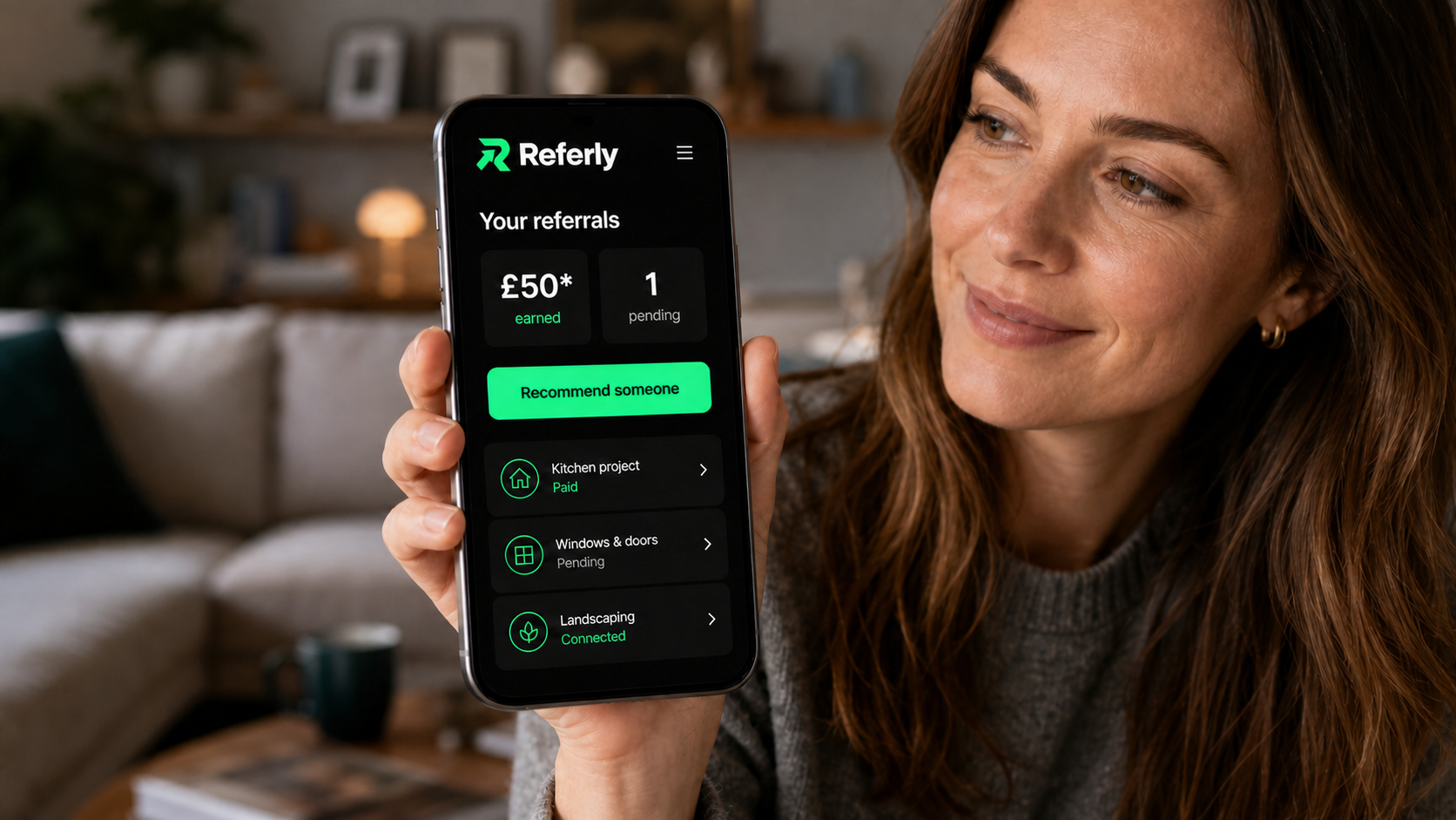 Referly mobile referral dashboard showing an illustrative £50 reward and referral statuses